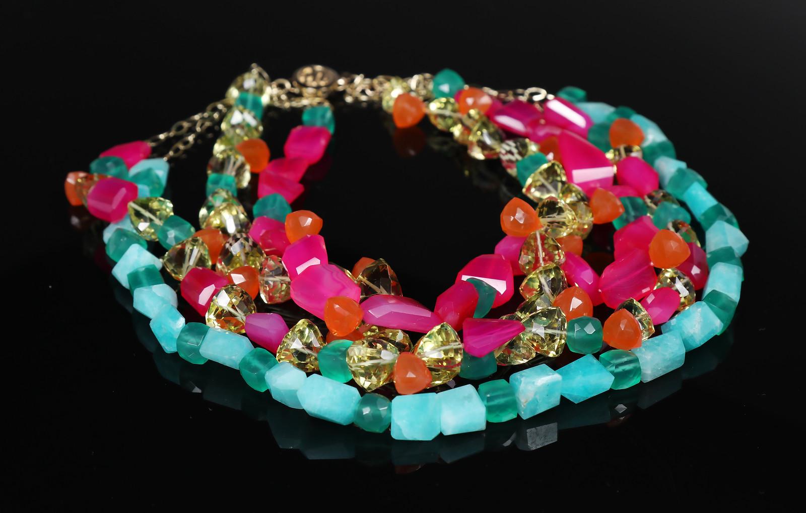 A necklace of carnelian, amazonite, chalcedony, quartz, and gold reflects the fun of tropical vacations, colorful sundresses, and breezy nights.  Wherever you explore, 