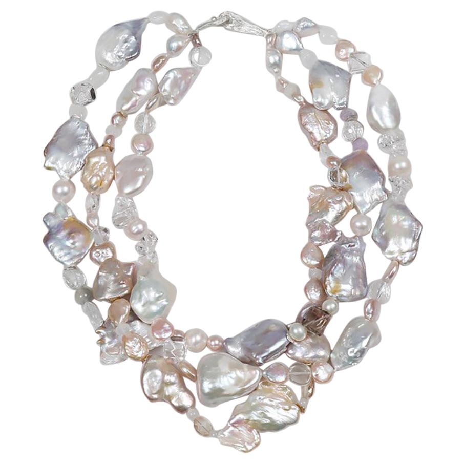 Sunshine on My Shoulder: Three-Strand Matinee Necklace-Pearls Gems Silver