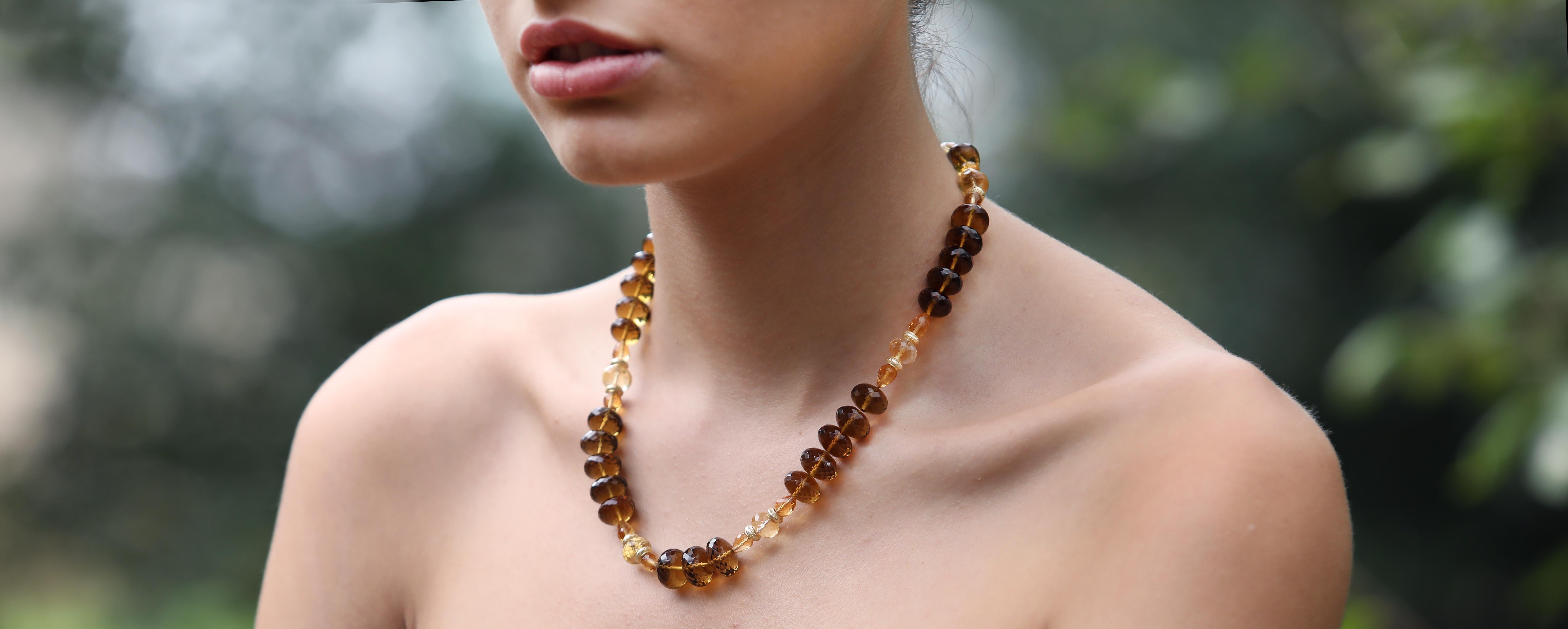 Bead Whiskey Quartz, Citrine, and Gold Necklace For Sale