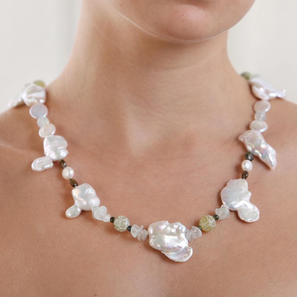 Contemporary White Orchid Studio On the Beach Pearl Jade Tourmaline Fluorite Silver Necklace