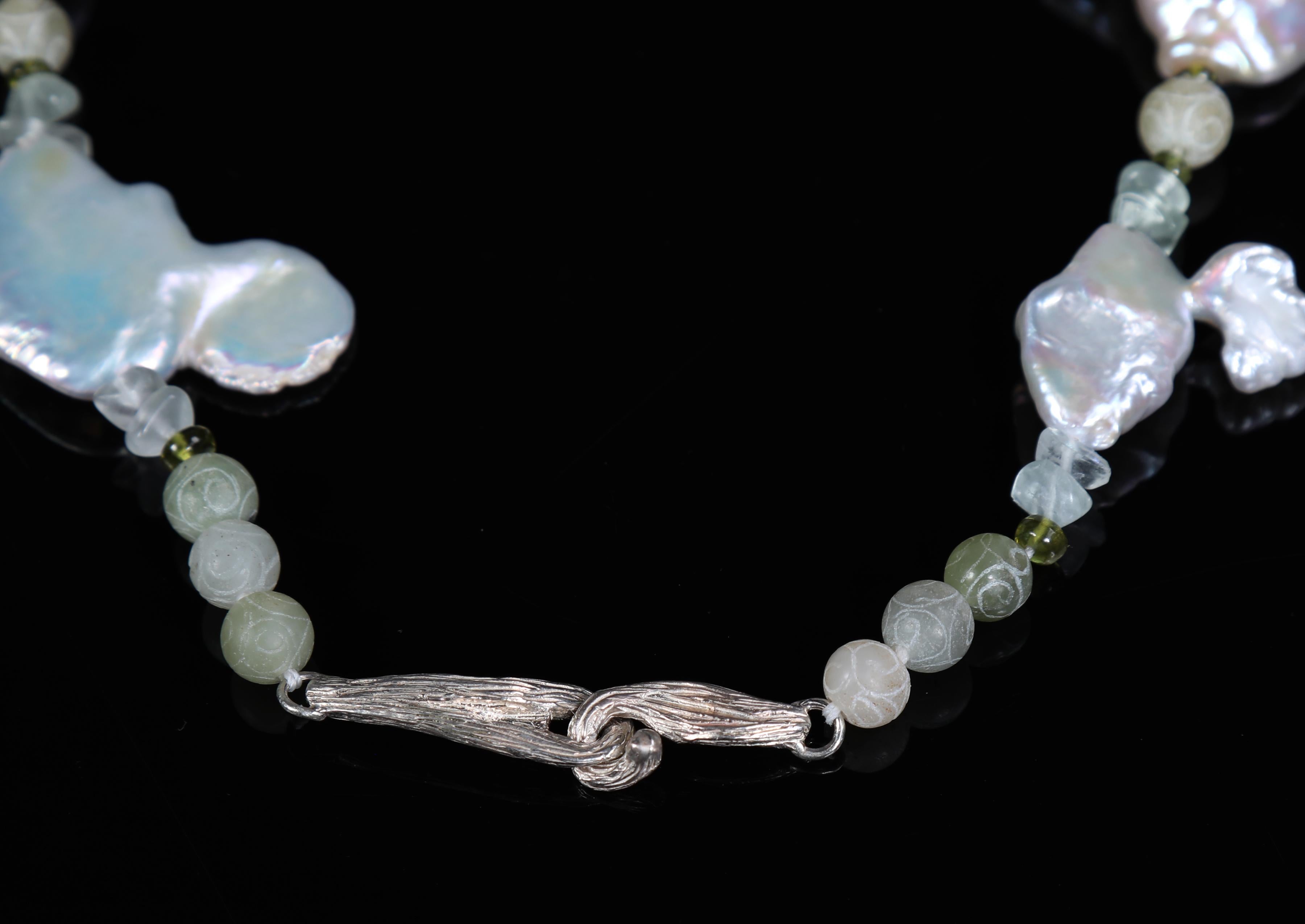 White Orchid Studio On the Beach Pearl Jade Tourmaline Fluorite Silver Necklace In New Condition In Athens, GA