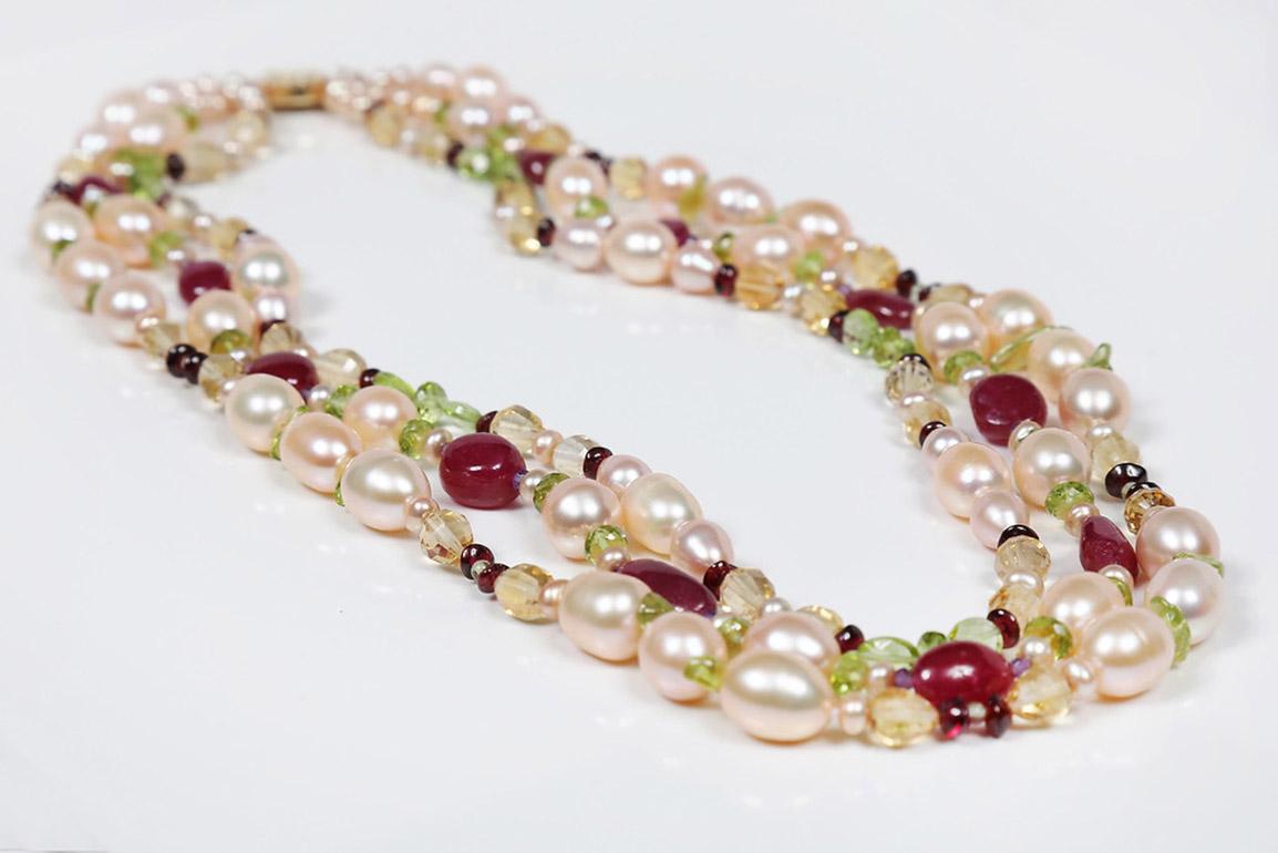 Bead Pearl, Ruby, Citrine, Peridot, and Gold Necklace For Sale