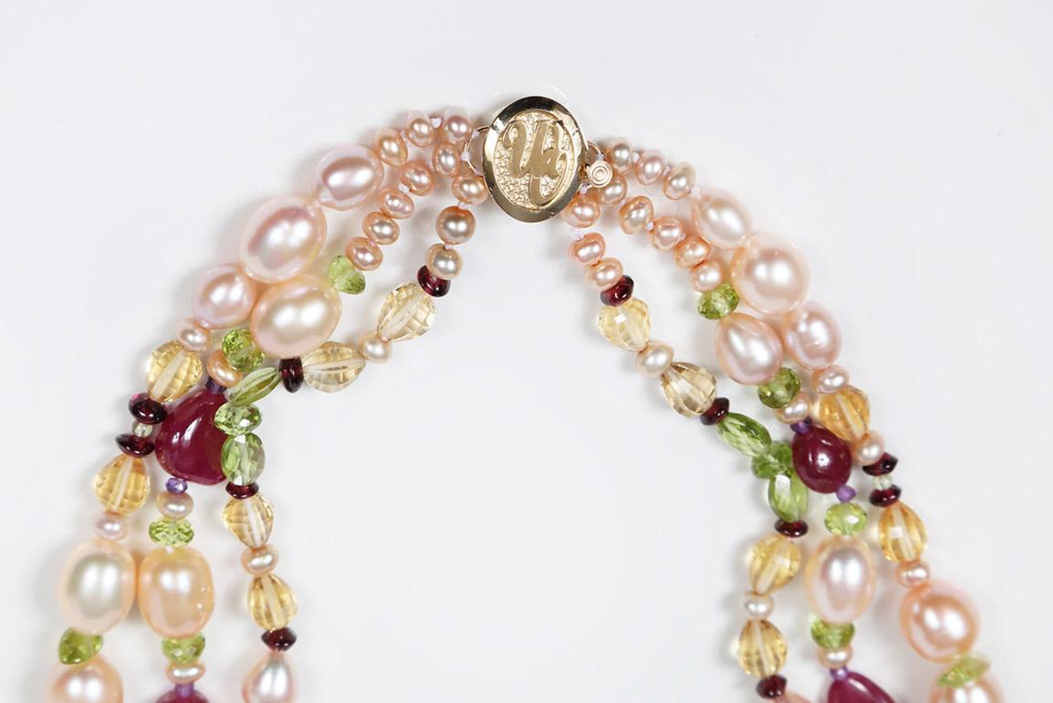 Women's Pearl, Ruby, Citrine, Peridot, and Gold Necklace For Sale