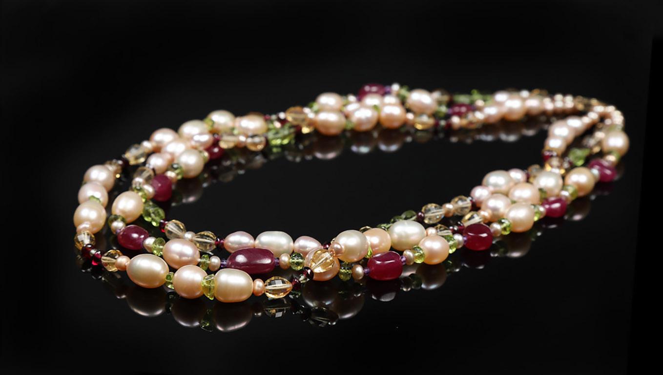 Contemporary Pearl, Ruby, Citrine, Peridot, and Gold Necklace For Sale