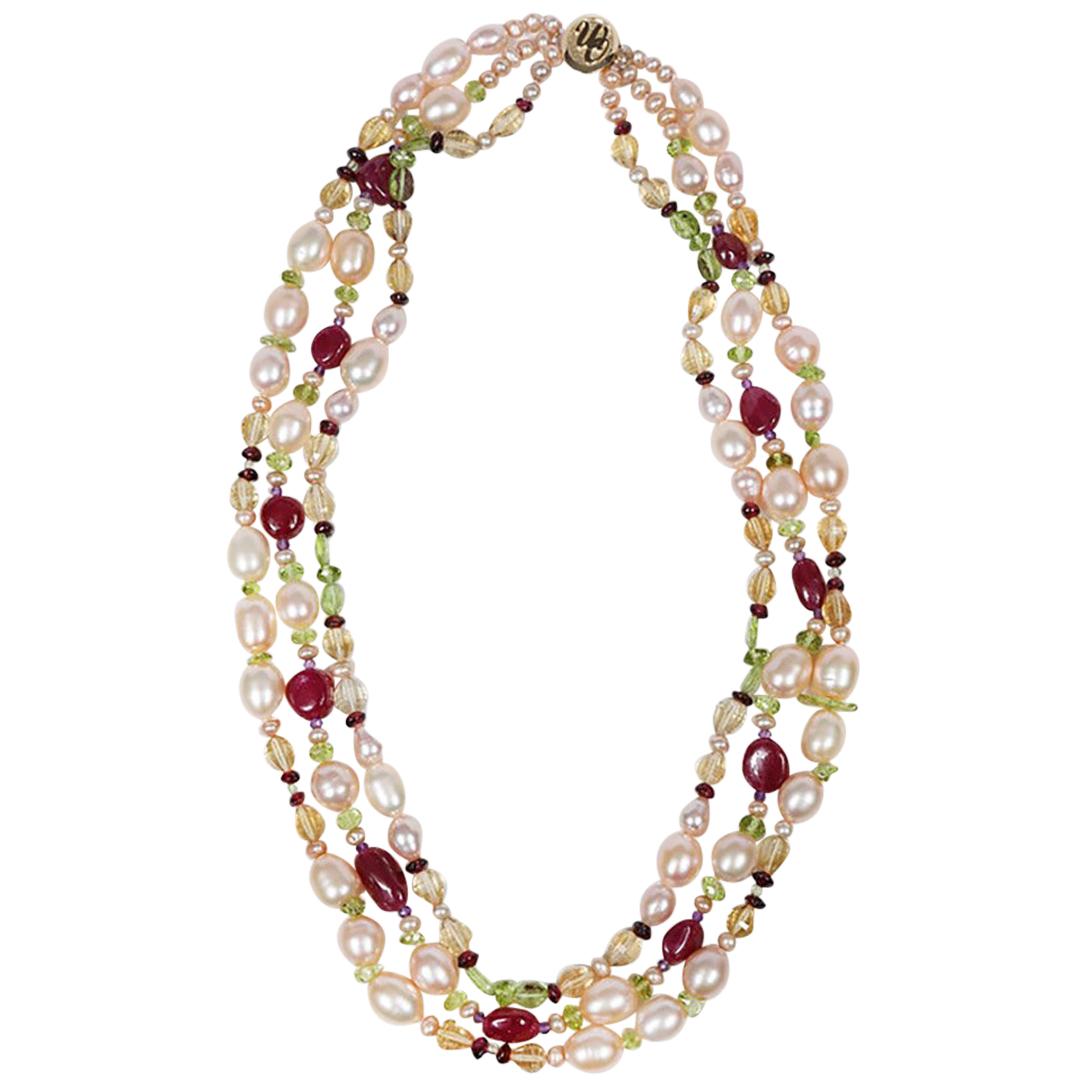 Pearl, Ruby, Citrine, Peridot, and Gold Necklace For Sale