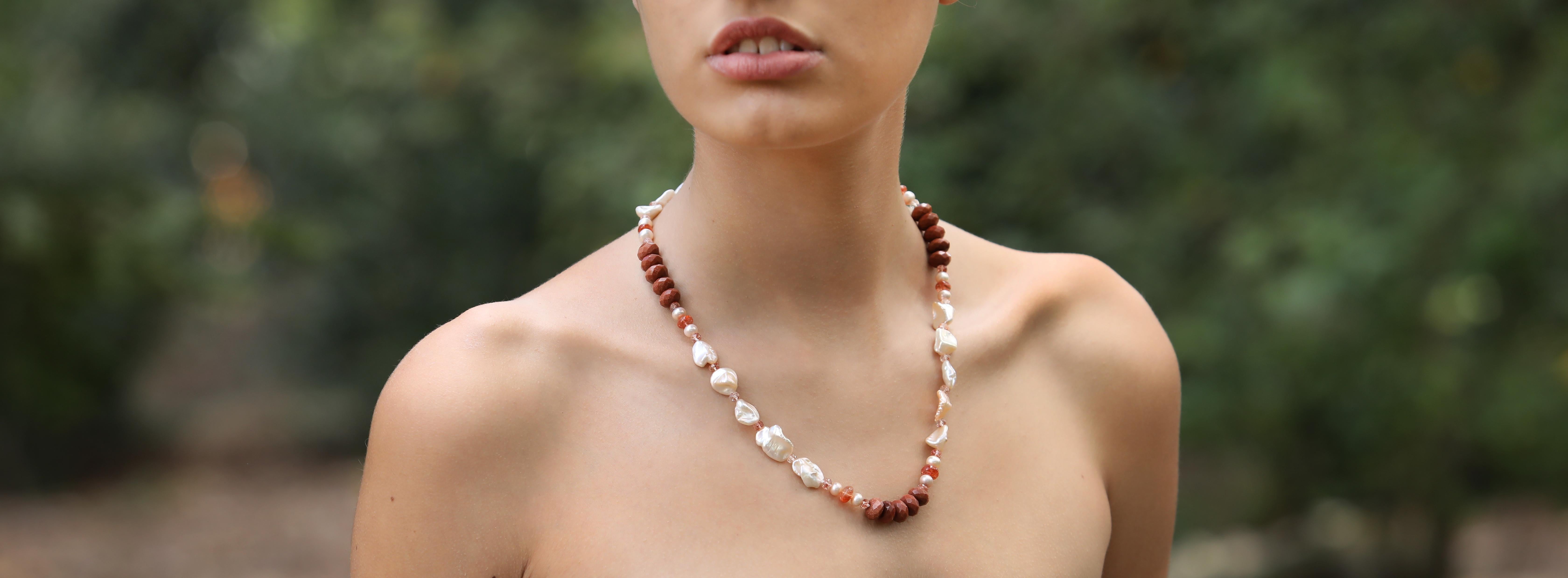 Contemporary Princess Necklace: Pearl, Sunstone, Quartz, and Gold For Sale