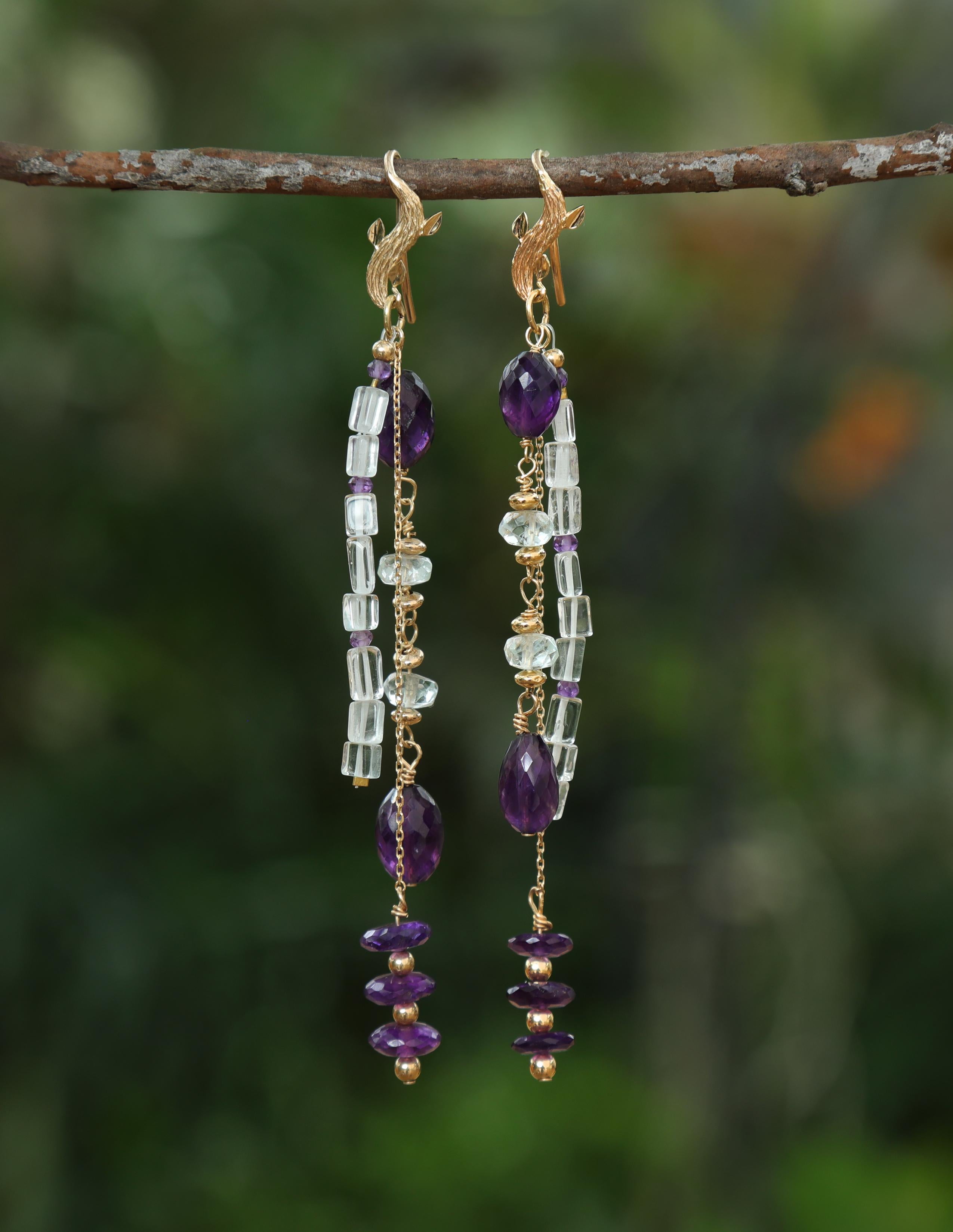 Bead Amethyst, Aquamarine, and Gold Earrings For Sale