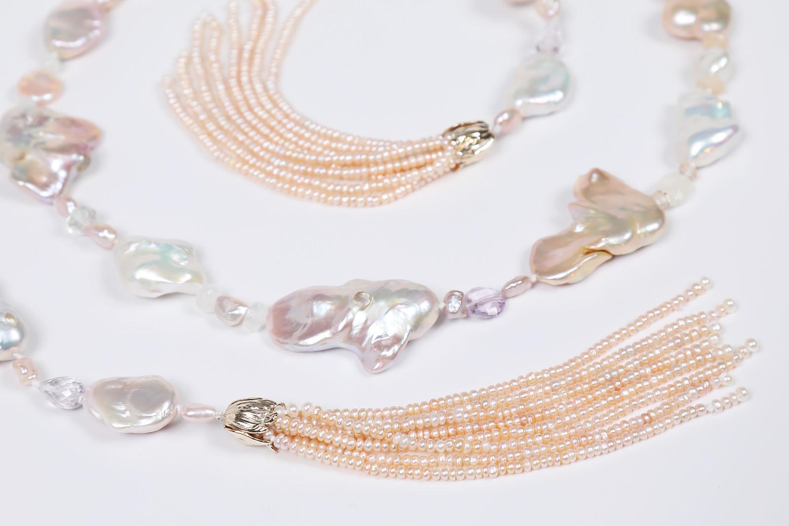 This Keshi pearl, light amethyst, moonstone, and Oregon sunstone necklace-called a sautoir in French-continues a cherished tradition. Centuries ago sautoirs incorporated royal insignia into pageantry. Pearls were especially honored. Coco Chanel