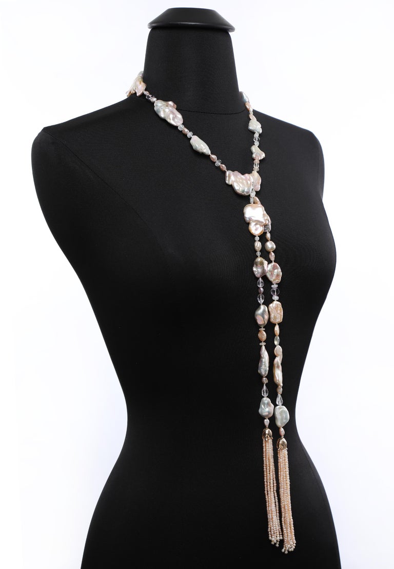 Women's Sautoir With Tassels: Pearls, Amethyst, Moonstone, and Gold For Sale