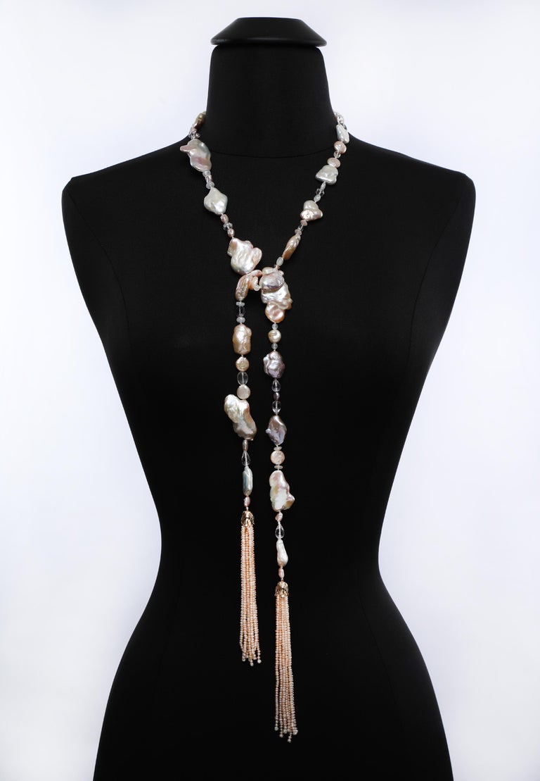 Sautoir With Tassels: Pearls, Amethyst, Moonstone, and Gold In New Condition For Sale In Athens, GA
