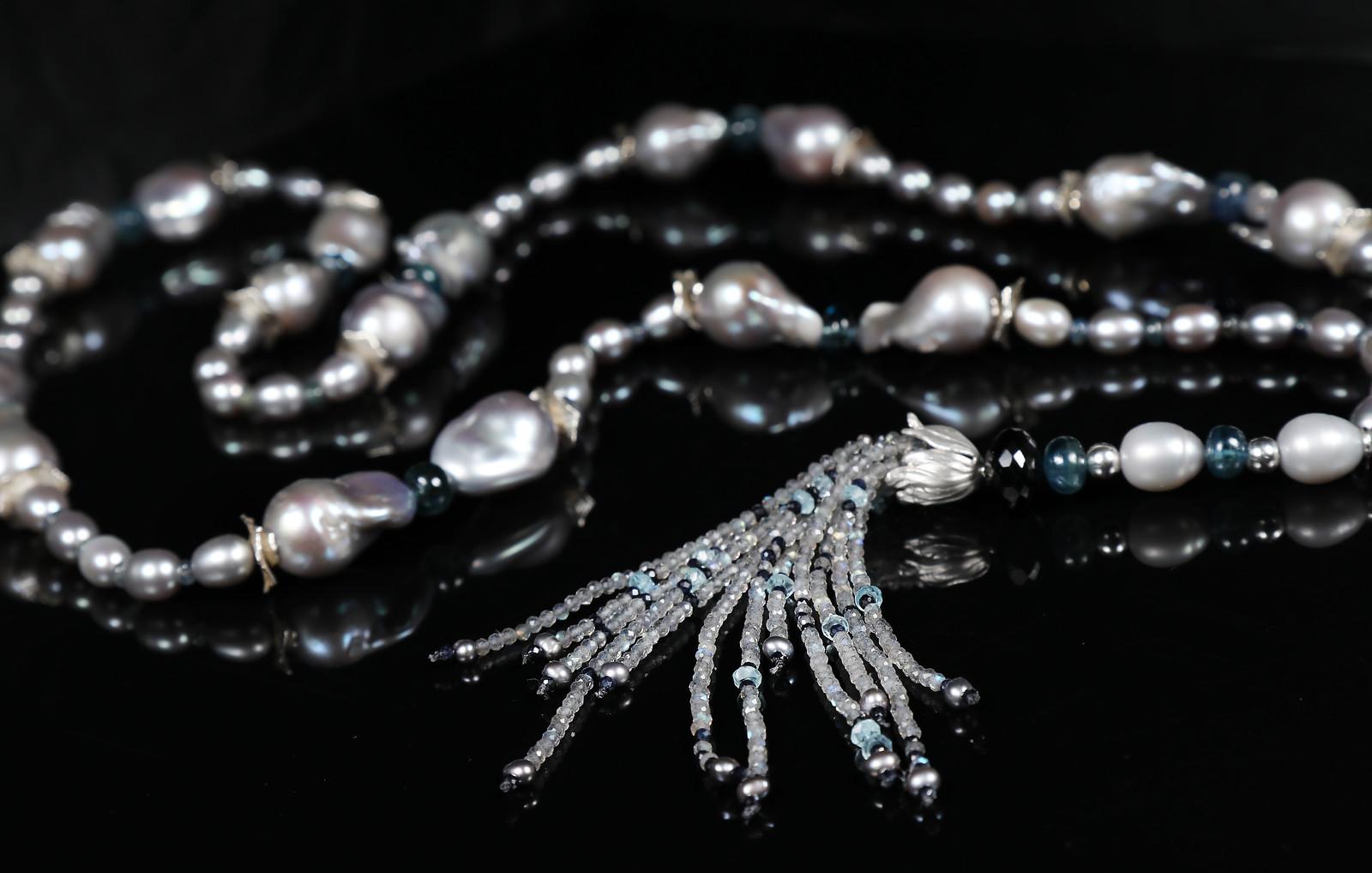 Contemporary Pearl, Kyanite, Sapphire, Topaz, and Silver Sautoir For Sale