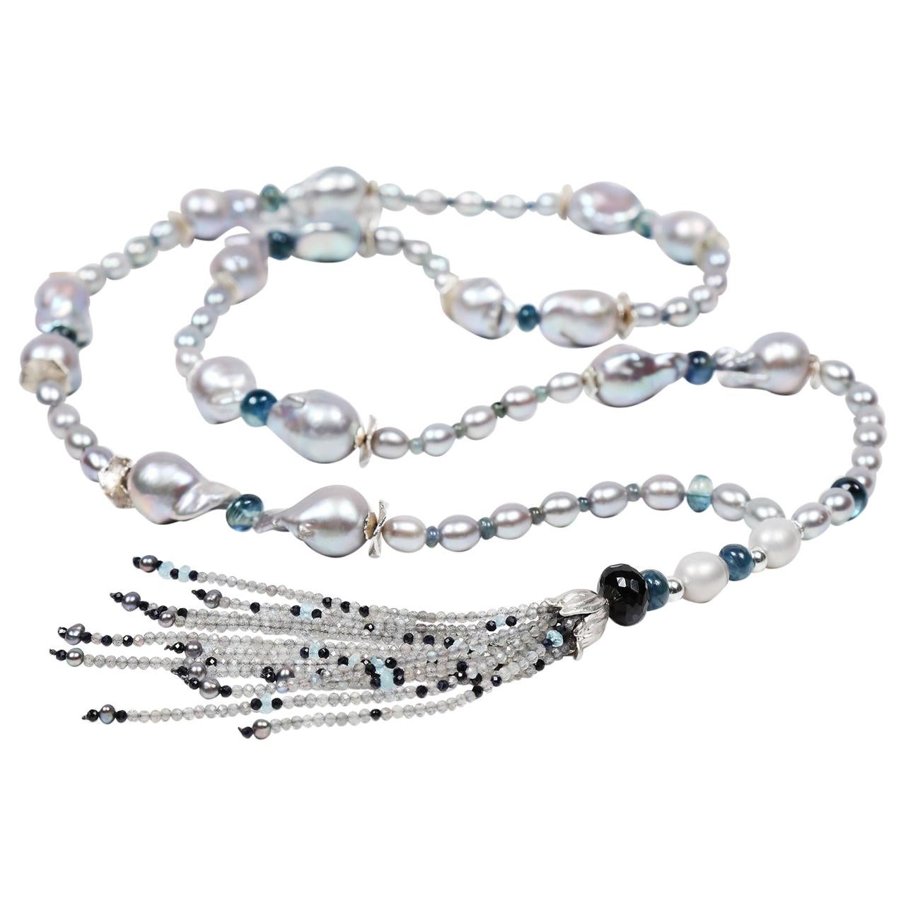 Sautoir: Pearls, Kyanite, Sapphire, Topaz, and Silver 