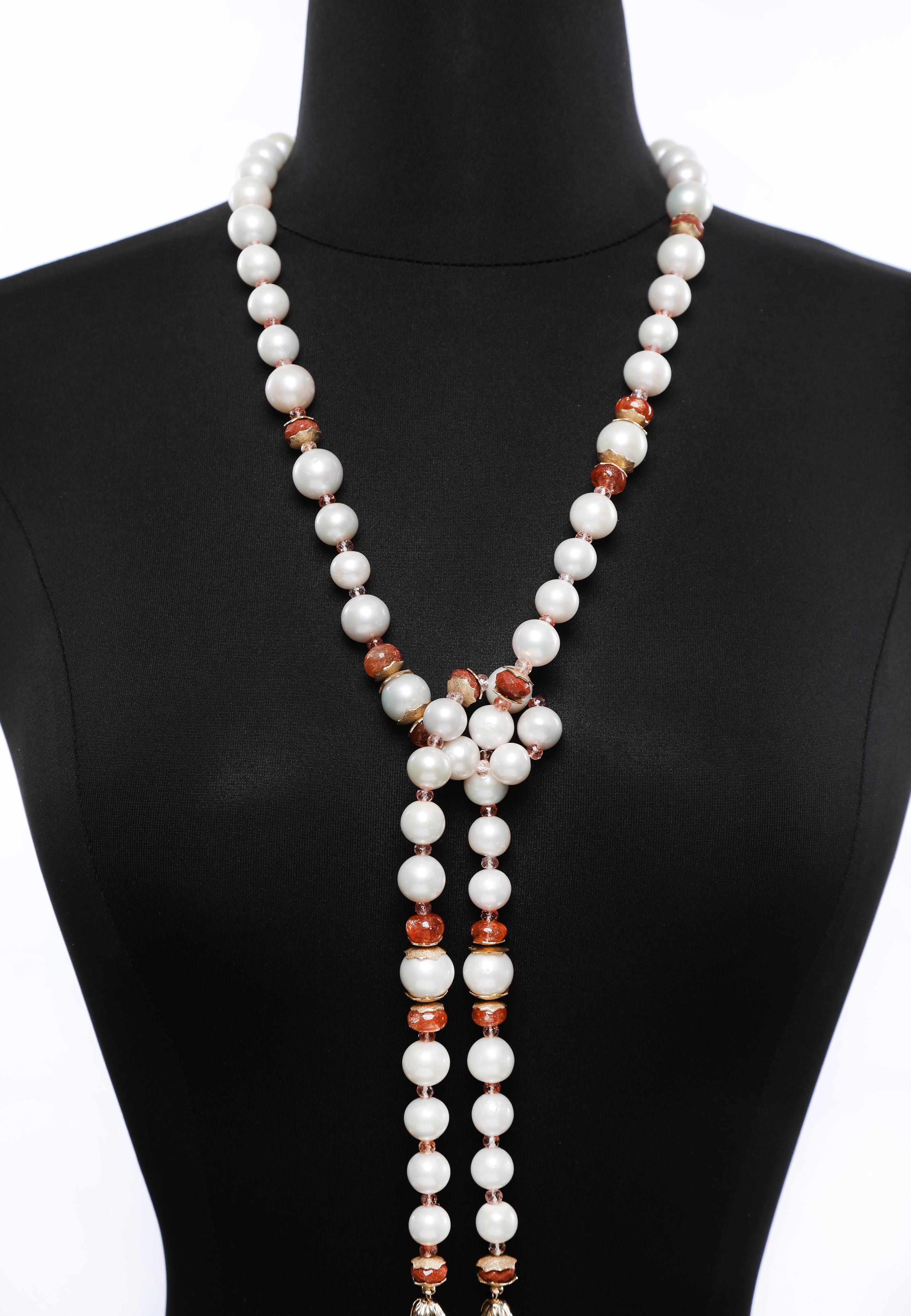 Contemporary Pearl, Sunstone, Goldstone, and Gold Sautoir For Sale