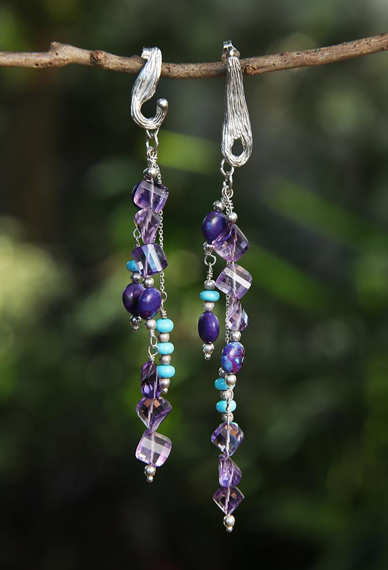 Contemporary Turquoise, Amethyst, and Silver Chandelier Earrings For Sale