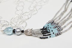 Textured Chain Necklace With Tassel:  Pearls, Topaz, Sapphires, and Silver