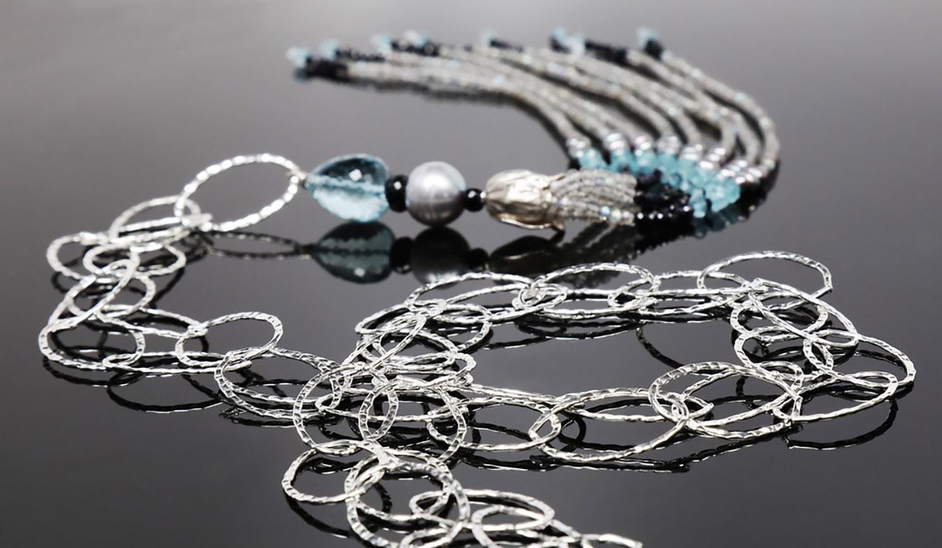 Contemporary Textured Chain Necklace With Tassel:  Pearls, Topaz, Sapphires, and Silver  For Sale