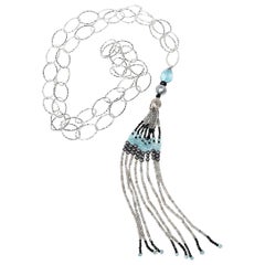 Textured Chain Necklace With Tassel:  Pearls, Topaz, Sapphires, and Silver 