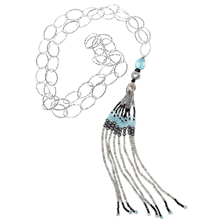 Textured Chain Necklace With Tassel:  Pearls, Topaz, Sapphires, and Silver  For Sale
