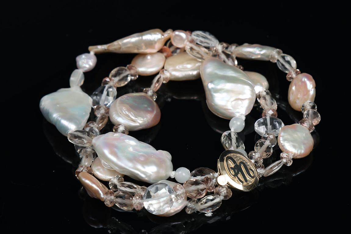 Contemporary White Orchid Studio Three Strand Pearl Bracelet Oregon Sunstone Quartz Gold