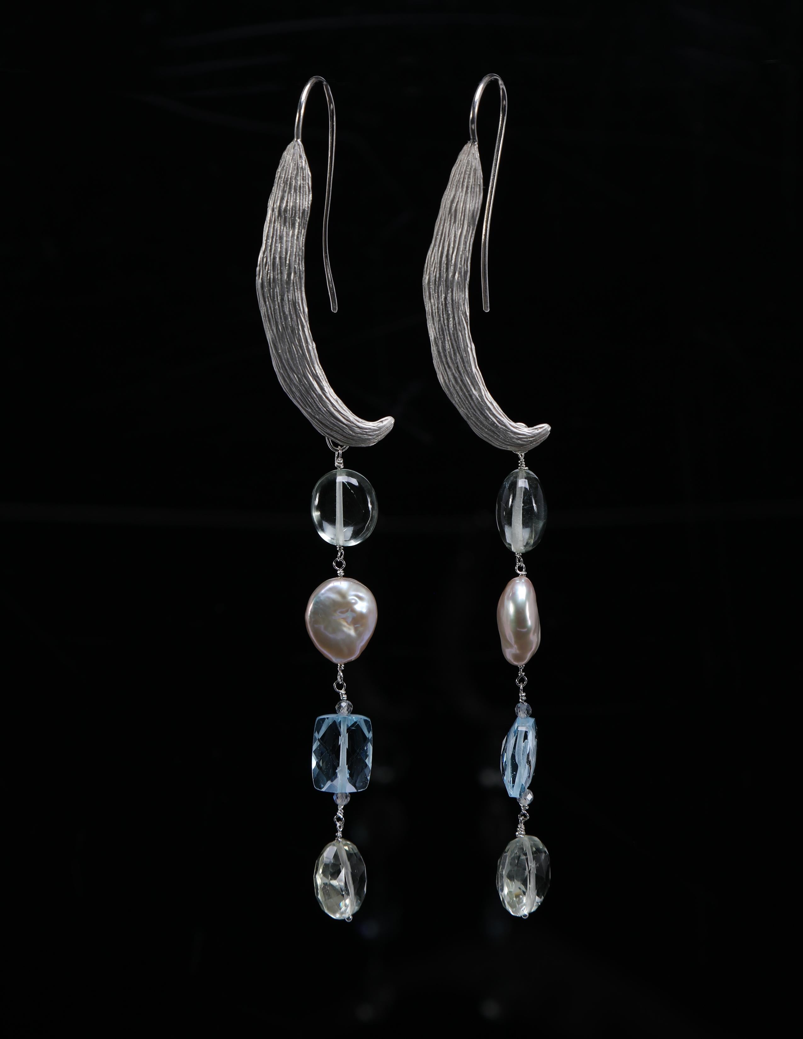 Contemporary  Dangle Earrings:  Topaz, Prasiolite, Pearl, and Silver For Sale