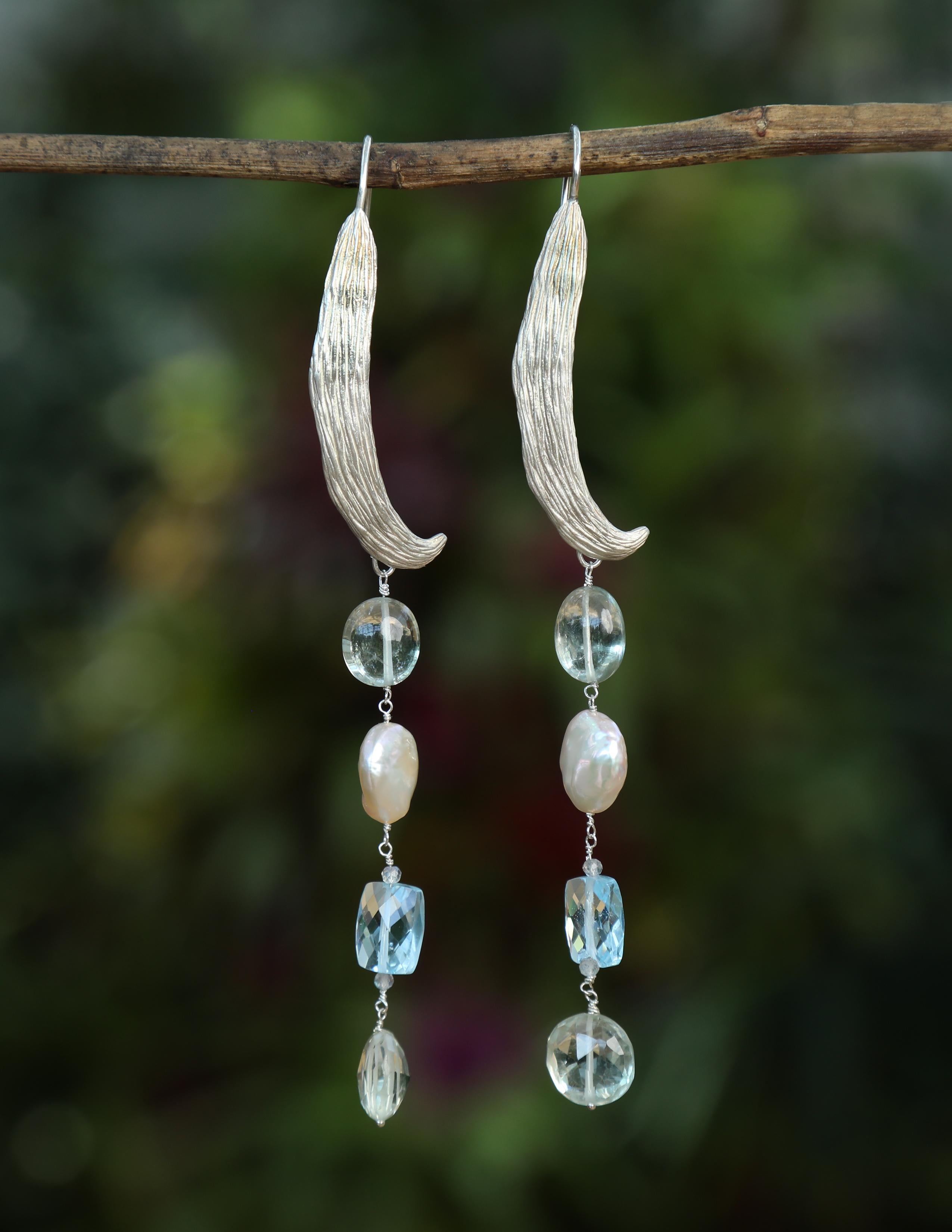 Bead  Dangle Earrings:  Topaz, Prasiolite, Pearl, and Silver For Sale