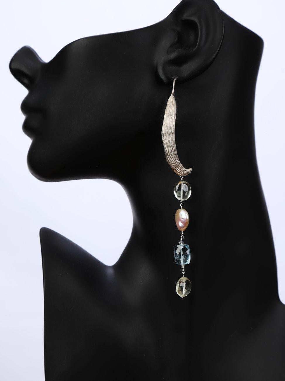  Dangle Earrings:  Topaz, Prasiolite, Pearl, and Silver In New Condition For Sale In Athens, GA