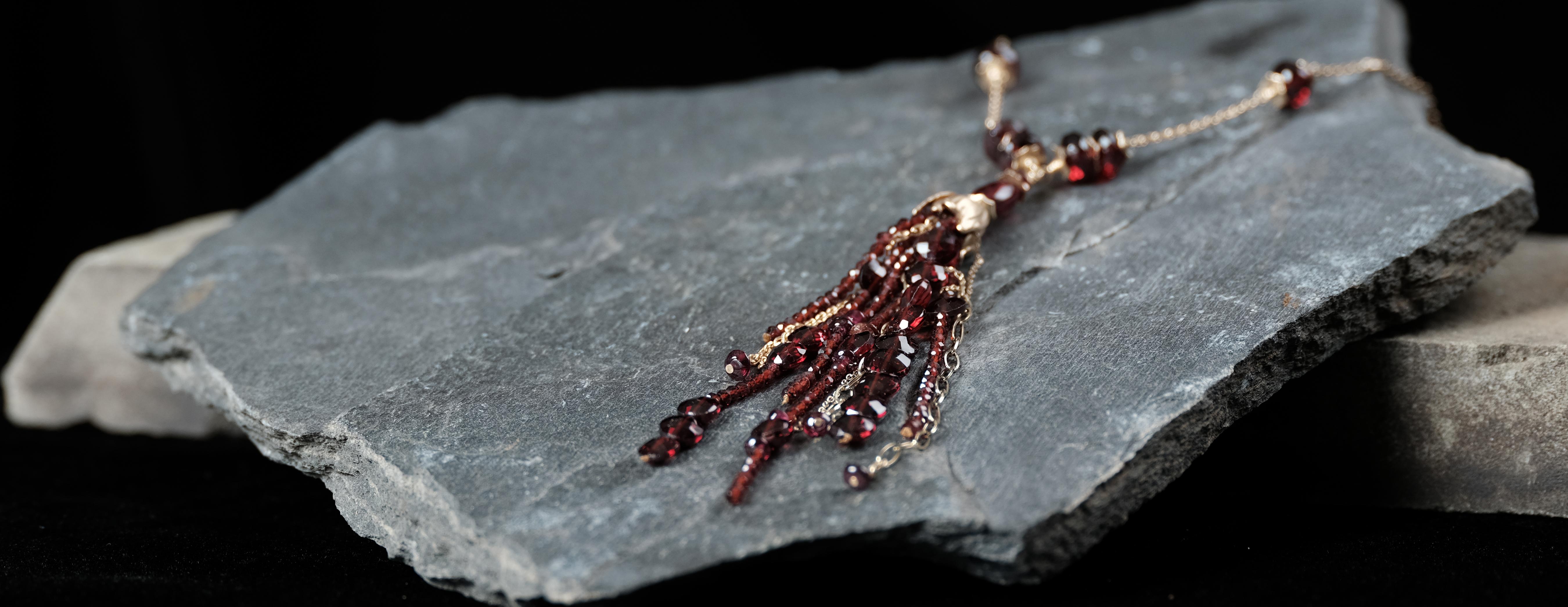 Contemporary Tassel Necklace:  Garnet and Gold  For Sale