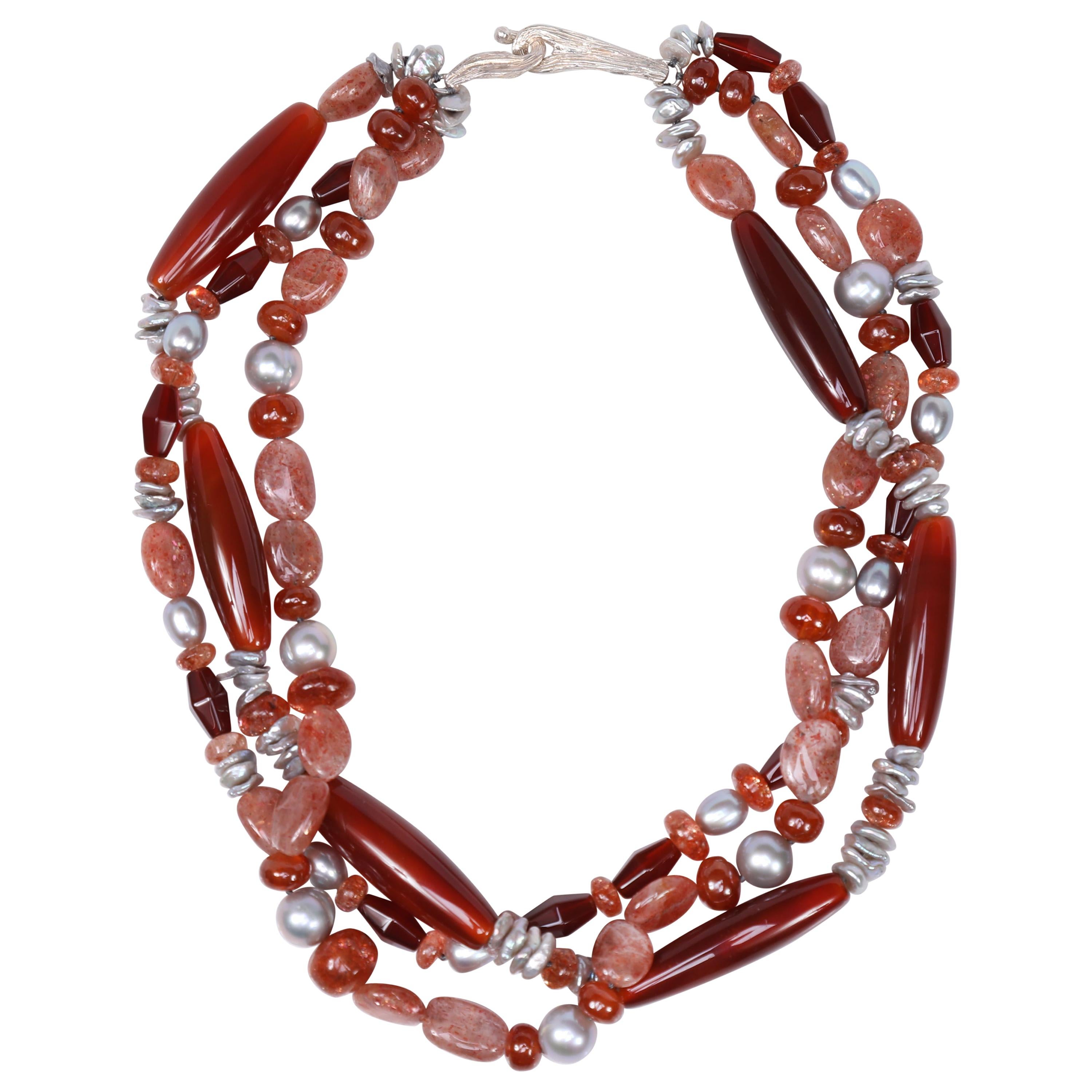 Multi strand Carnelian Beads Necklace with Sterling Silver Beads 16 Handmade Orange Carnelian Jewelry 