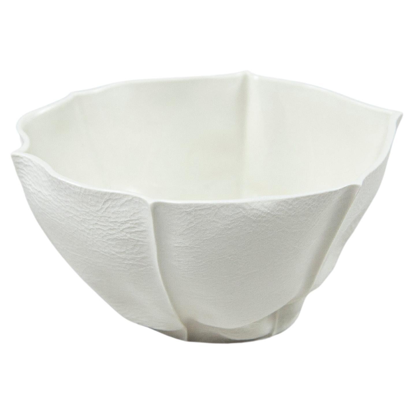 In-stock, White Porcelain Kawa Bowl, Leather Cast Ceramic Vessel, organic form
