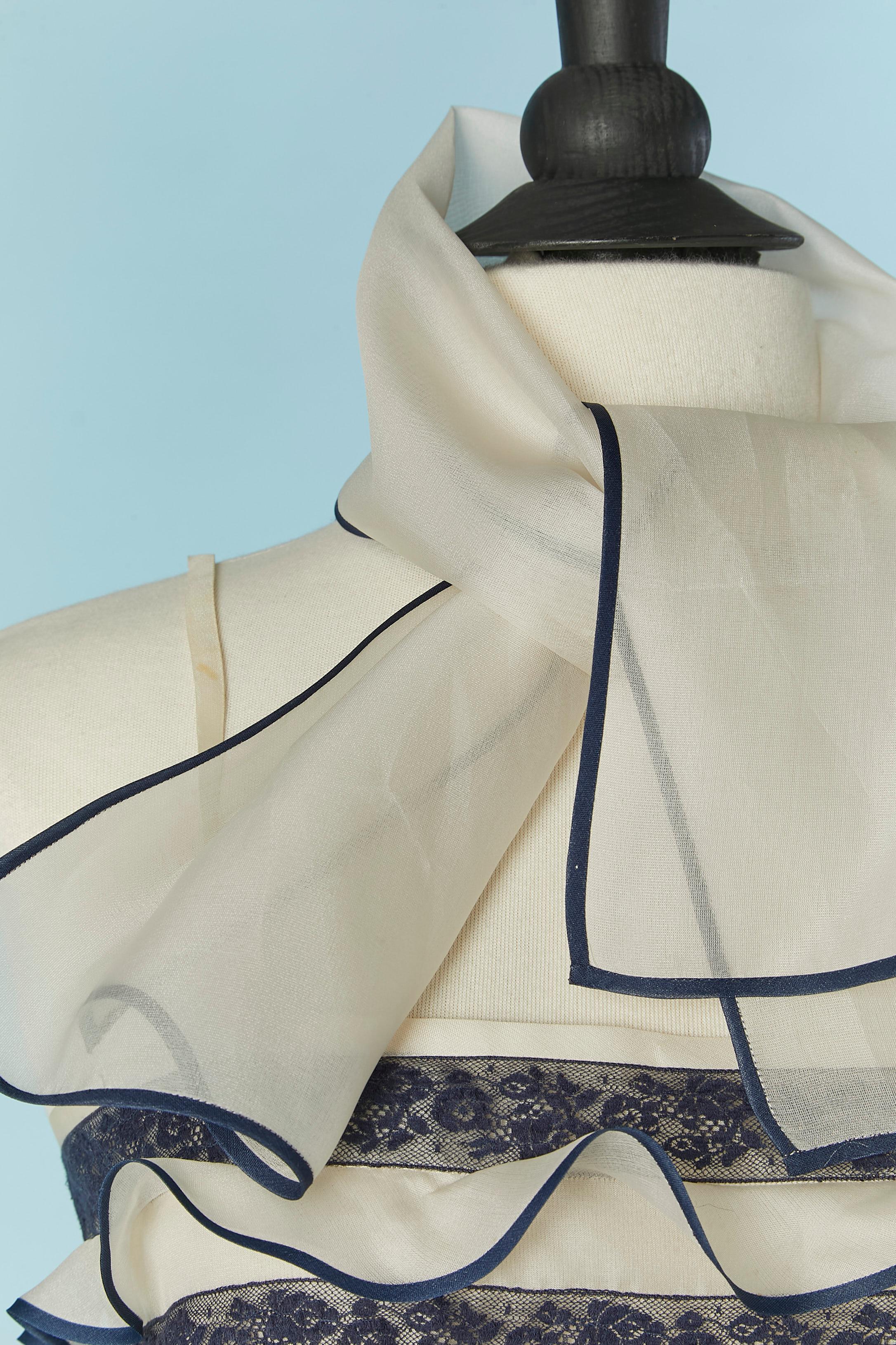 White organza and blue lace top and skirt ensemble with scarf. 
Scarf lenght = 94cm X 25cm
Top size = S/M 
Skirt size = S 