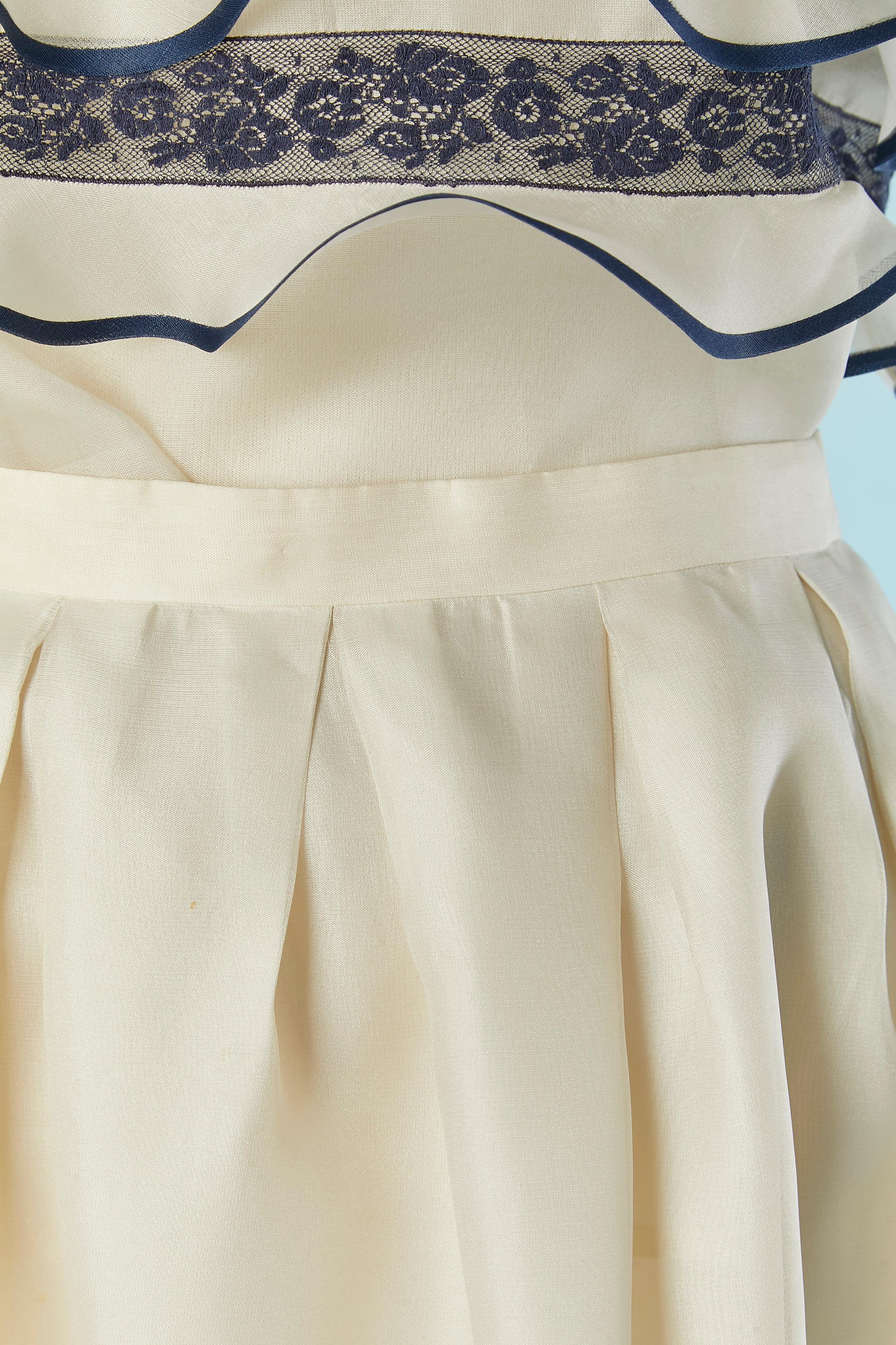 White organza and blue lace top and skirt ensemble with scarf LANCETTI In Excellent Condition For Sale In Saint-Ouen-Sur-Seine, FR