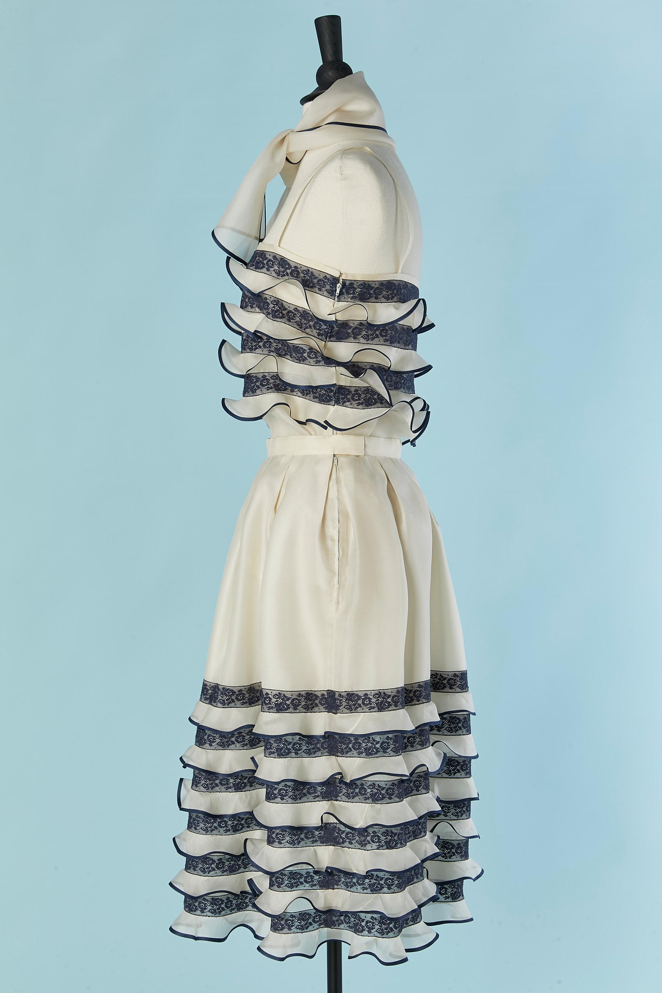 White organza and blue lace top and skirt ensemble with scarf LANCETTI For Sale 1