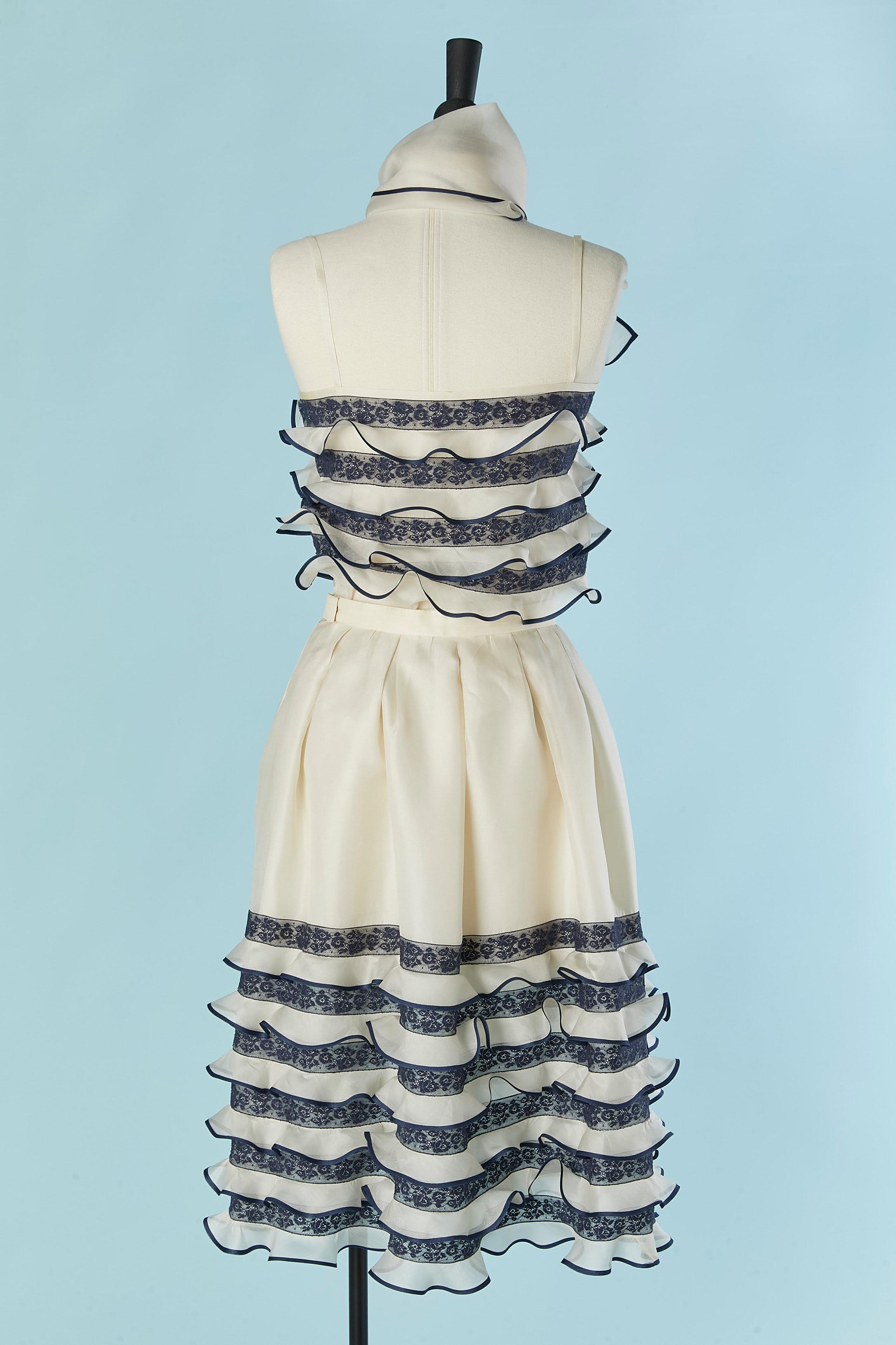 White organza and blue lace top and skirt ensemble with scarf LANCETTI For Sale 2