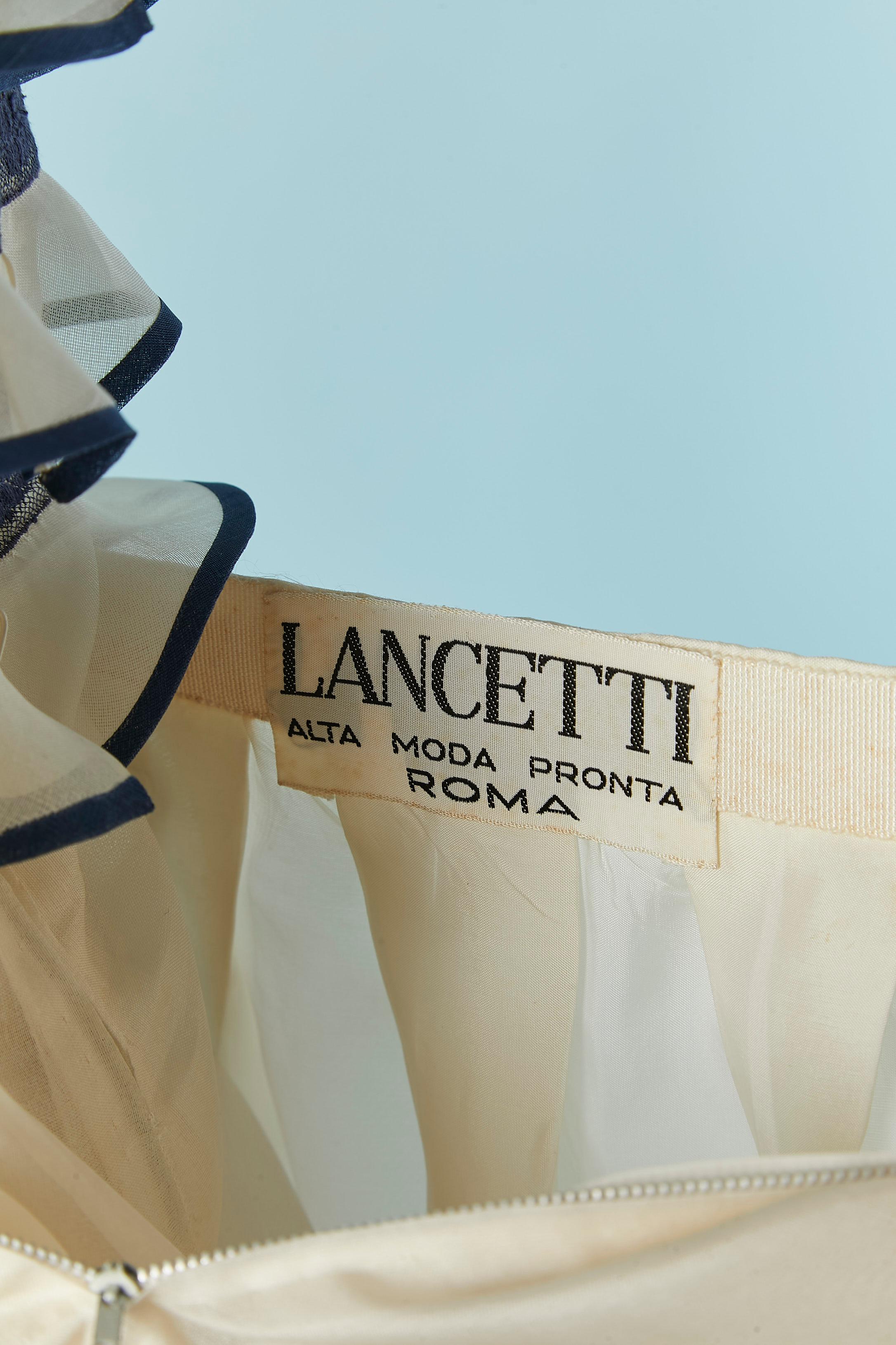 White organza and blue lace top and skirt ensemble with scarf LANCETTI For Sale 3
