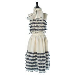White organza and blue lace top and skirt ensemble with scarf LANCETTI