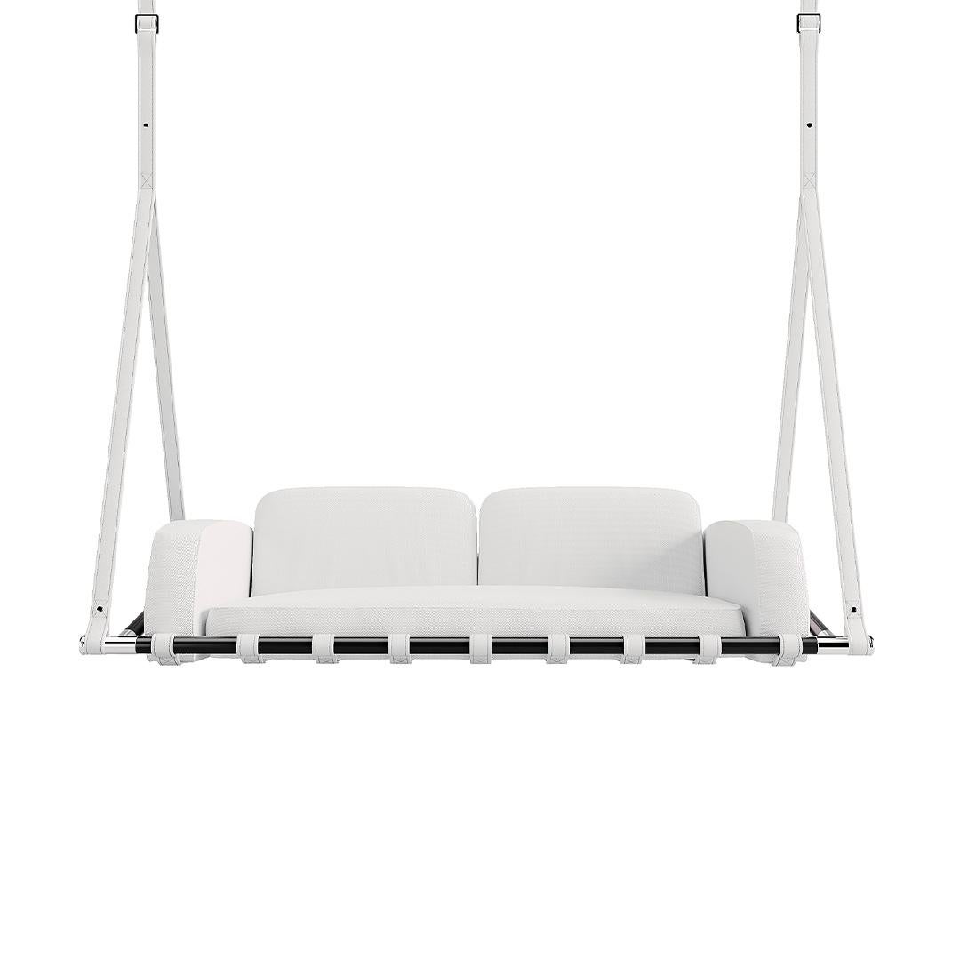Modern White Outdoor Weather Resistant Hanging Sofa with Brown Leather Details For Sale