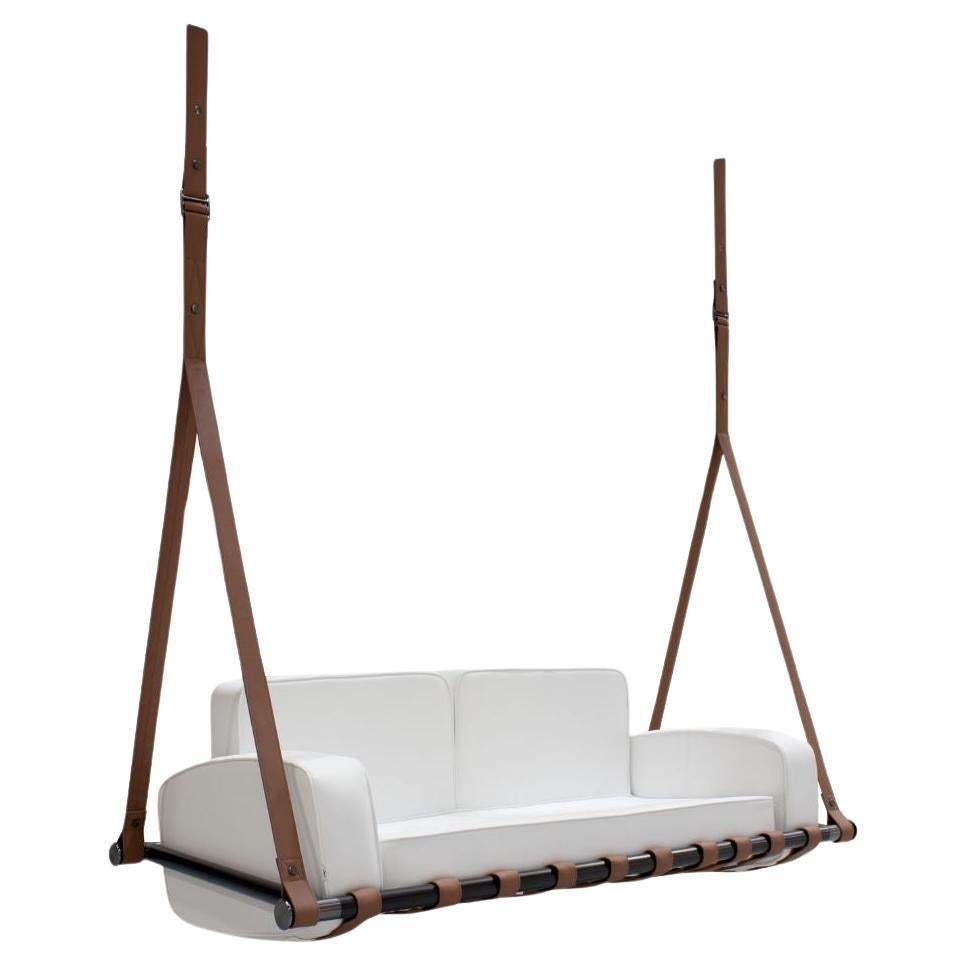 Exterior Hanging Sofa in White with Brown Climate-Resistant Fabric For Sale