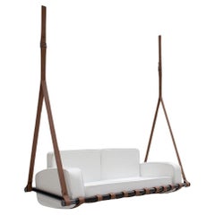White Outdoor Weather Resistant Hanging Sofa with Brown Leather Details