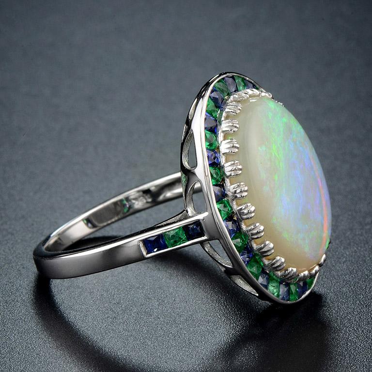 White Oval Cabochon Opal with Emerald & Sapphire Fancy Halo Set White Gold Ring In New Condition For Sale In Oakton, VA