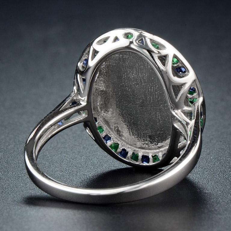 Women's White Oval Cabochon Opal with Emerald & Sapphire Fancy Halo Set White Gold Ring For Sale