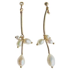 White Oval Cluster Pearls Gold Curled Long Drop Elegant Modernist Clip Earrings