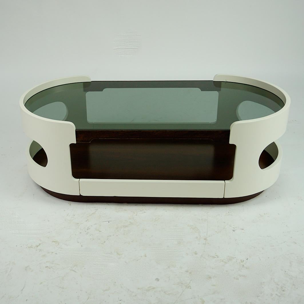 White Oval Italian Space Age Plywood and Glass Coffee Table Joe Colombo Style 4