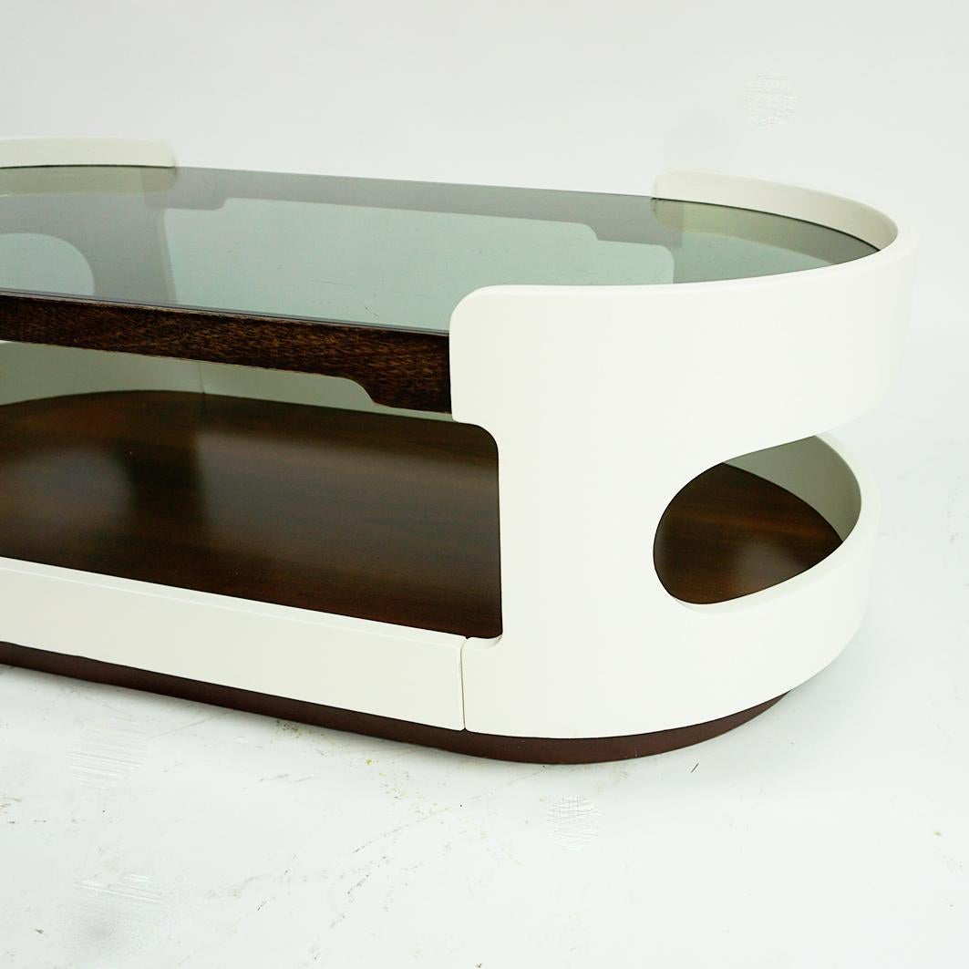 White Oval Italian Space Age Plywood and Glass Coffee Table Joe Colombo Style 5