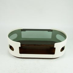 White Oval Italian Space Age Plywood and Glass Coffee Table Joe Colombo Style