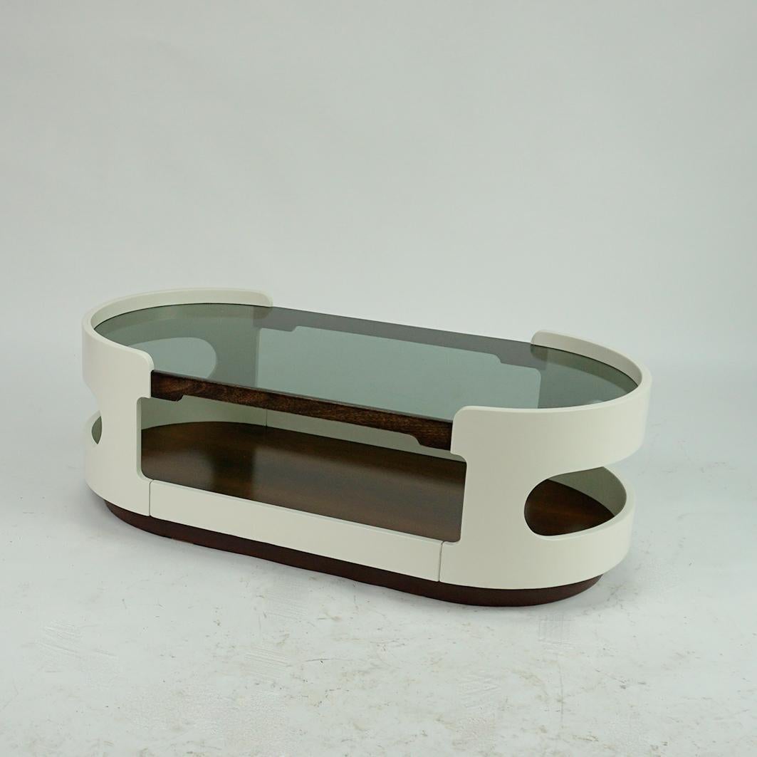 Lacquered White Oval Italian Space Age Plywood and Glass Coffee Table Joe Colombo Style