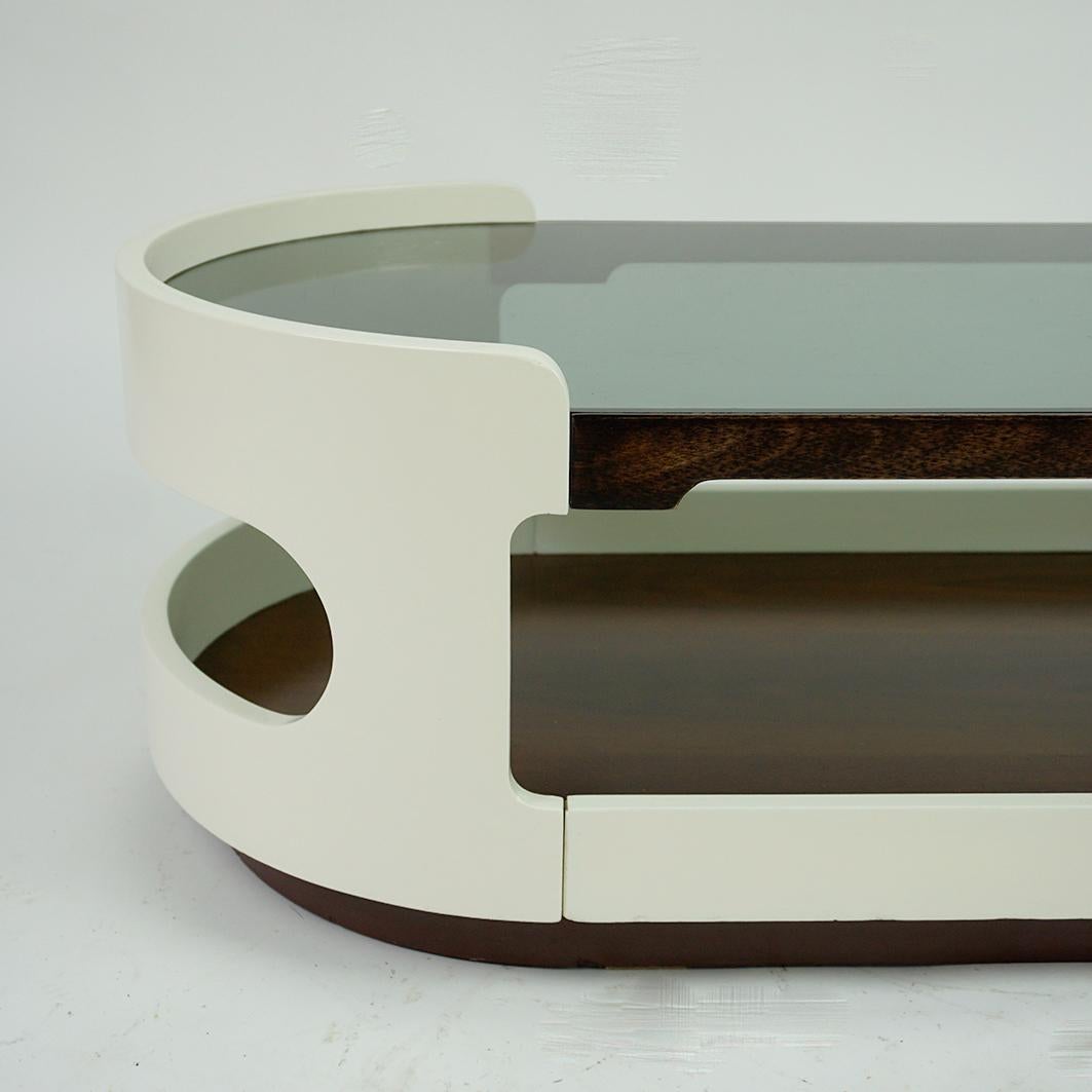 Rosewood White Oval Italian Space Age Plywood and Glass Coffee Table Joe Colombo Style