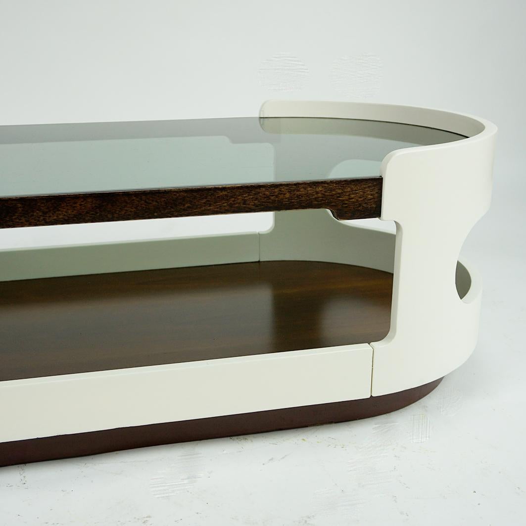 White Oval Italian Space Age Plywood and Glass Coffee Table Joe Colombo Style 1