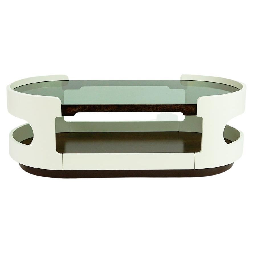 White Oval Italian Space Age Plywood and Glass Coffee Table Joe Colombo Style