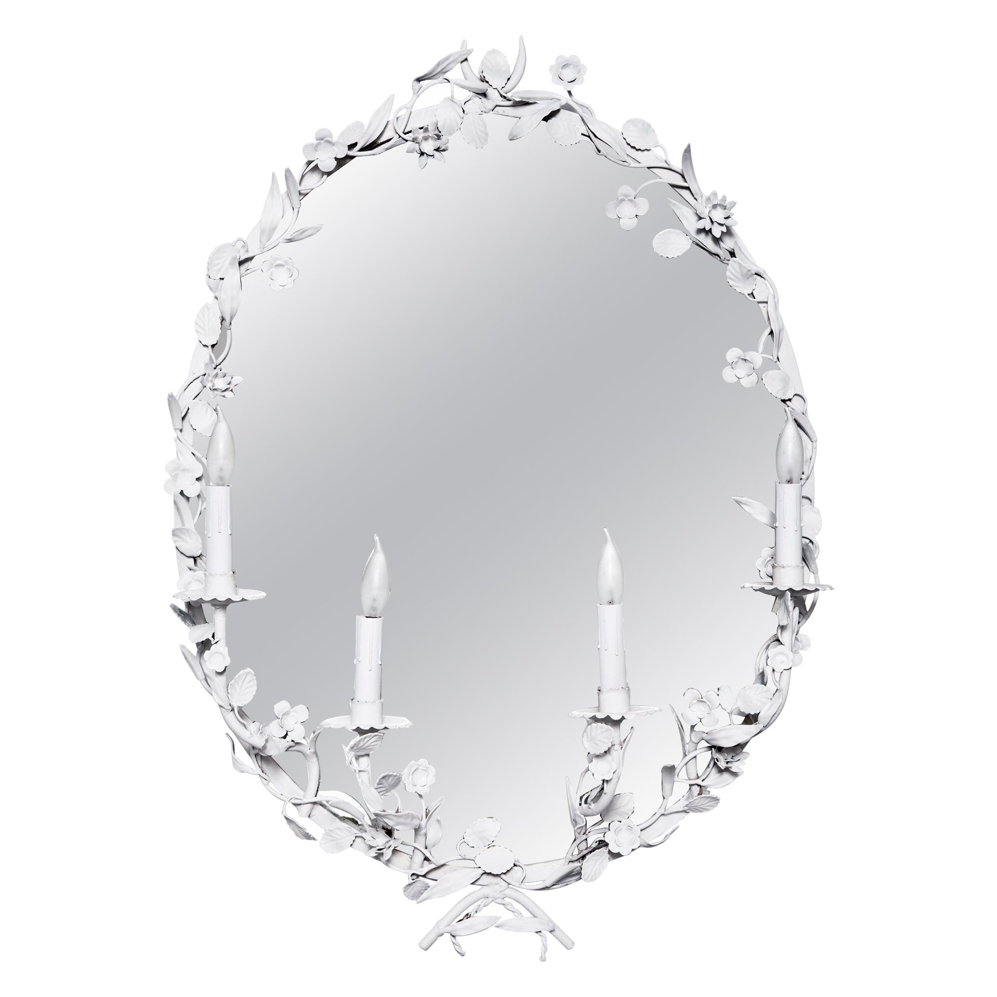 Lámpara con Espejo Floral de Metal Ovalado Blanco en venta