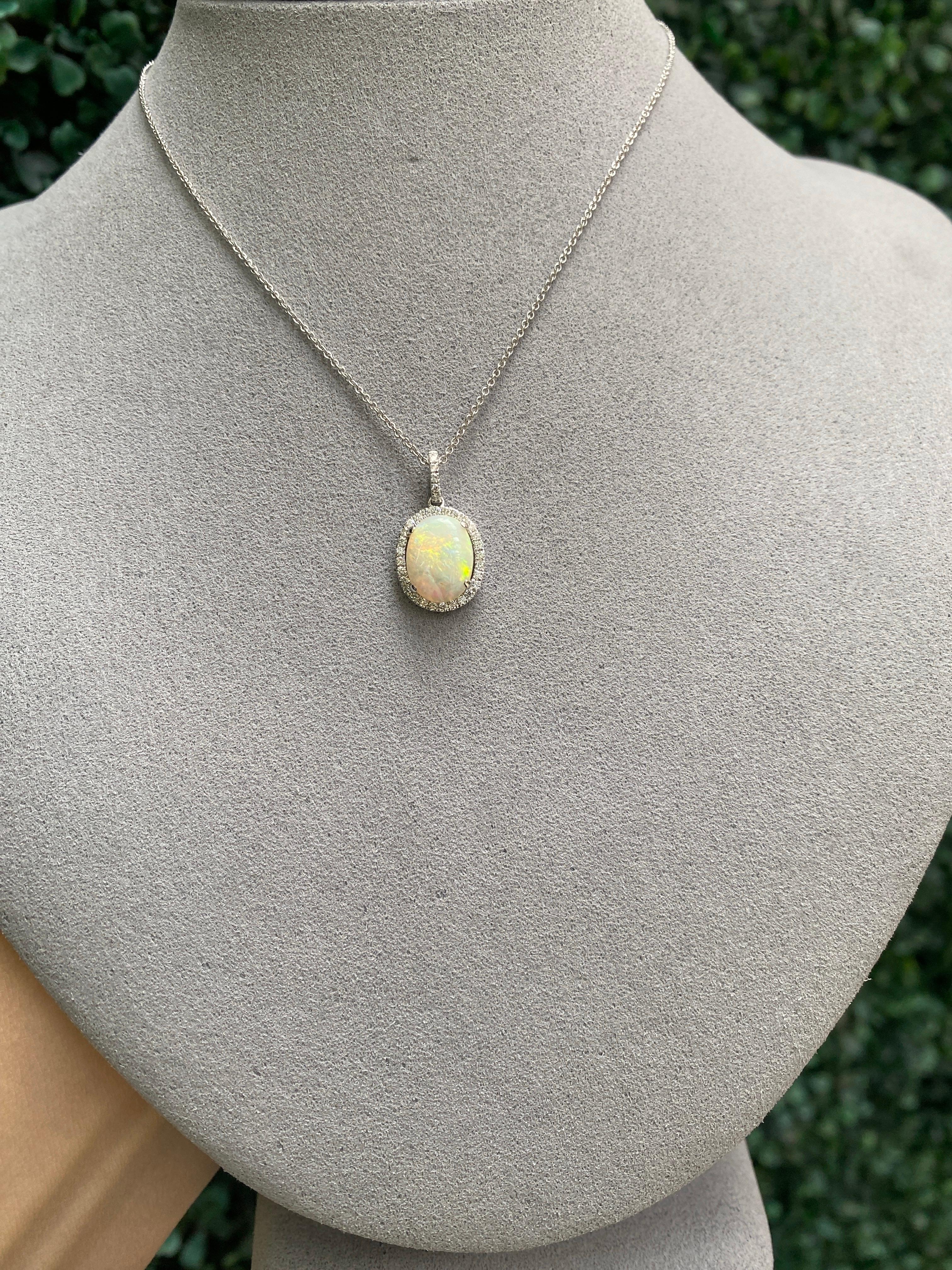 White Oval Opal and Diamond Halo Pendant 18 Karat White Gold Necklace For Sale 5